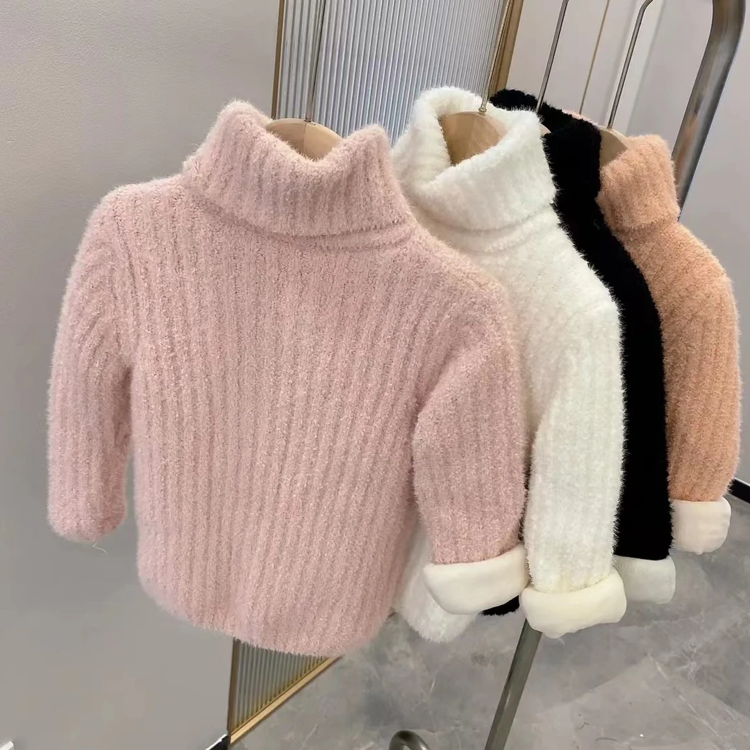 儿童冬季新款高领衫男女童加绒加厚洋气打底衫宝宝纯色颗粒绒长袖