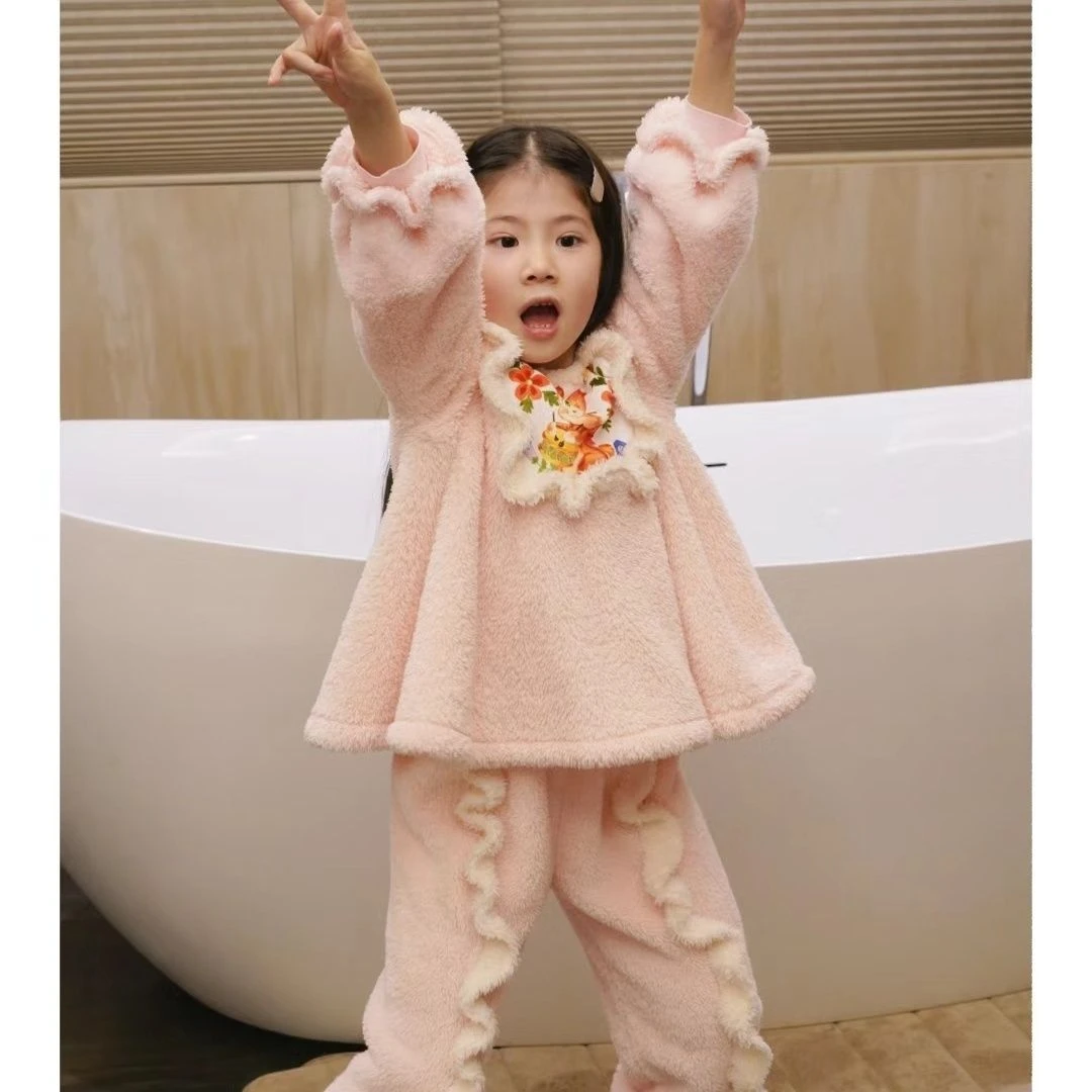 童装女童家居服2022秋冬新款双面加厚法式浪漫宽松套装粉色