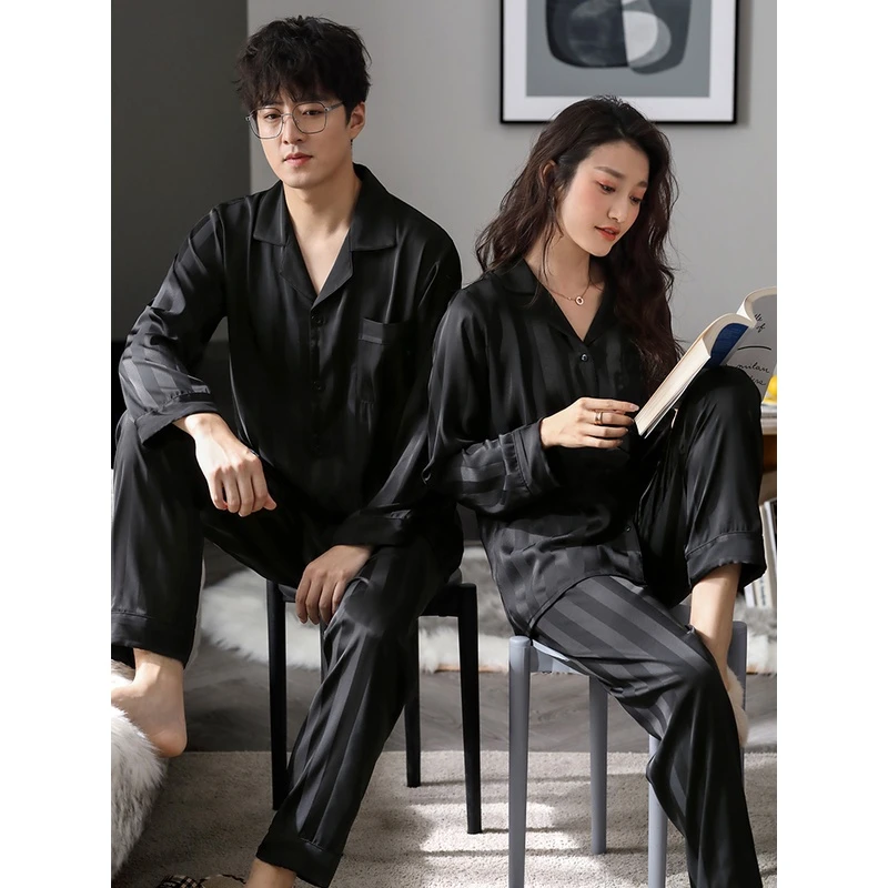 情侣睡衣男士春夏季仿真丝绸冰丝长袖家居服女春秋款秋季薄款套装