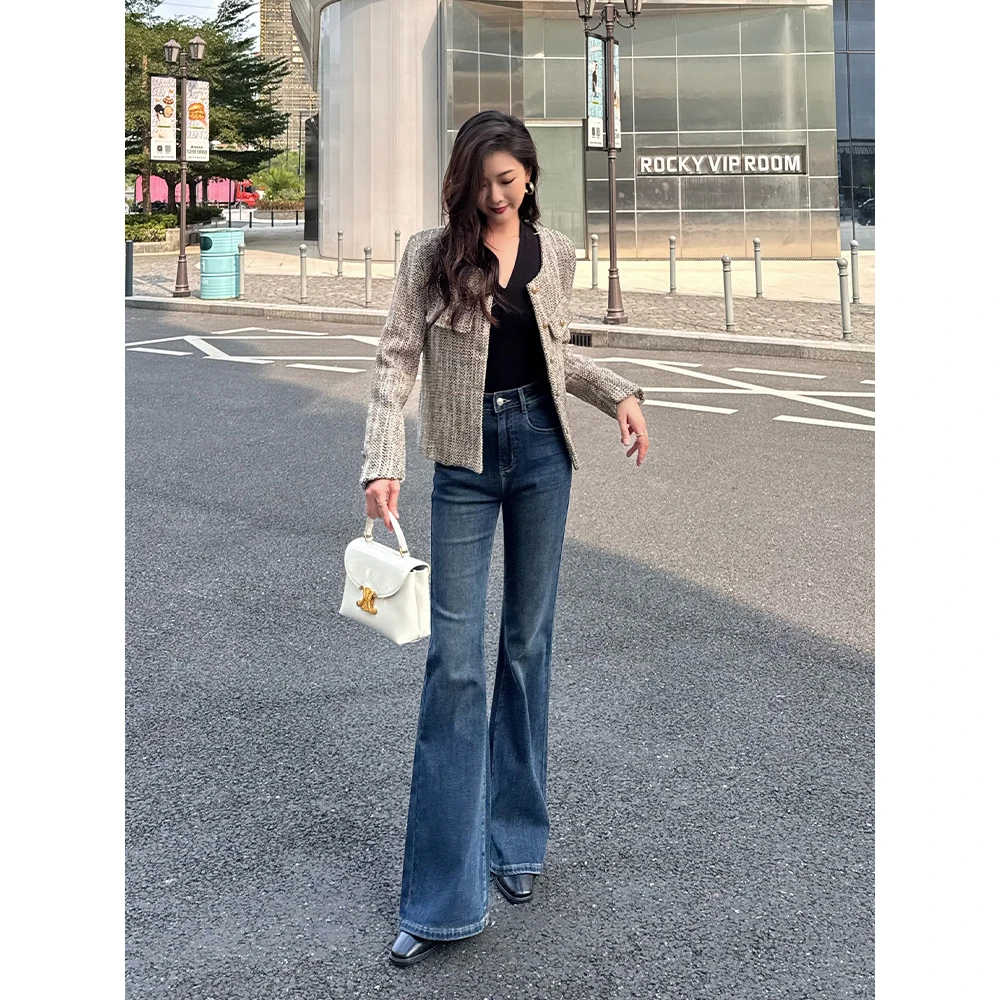 【诗诗专属】美式辣妹时尚微喇牛仔裤秋冬爆款高腰显瘦修身喇叭裤女