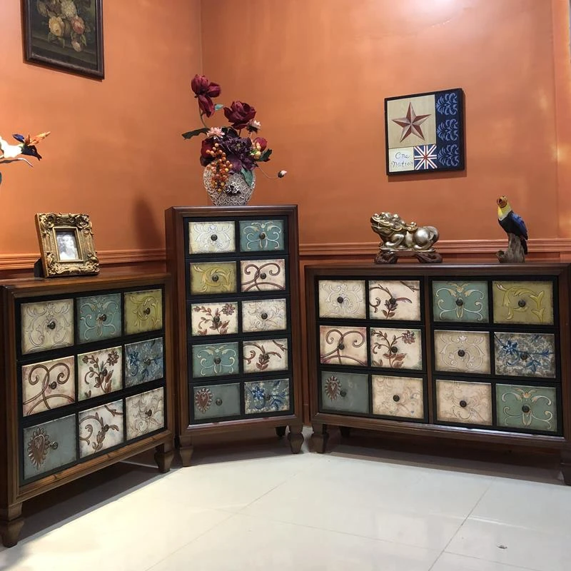 美式实木五斗柜抽屉柜客厅复古彩绘六斗卧室储物柜商场装饰三斗柜