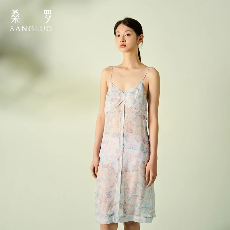 桑罗桑蚕丝蝴蝶印花吊带裙2024年秋冬新款薄纱透视睡裙03443258