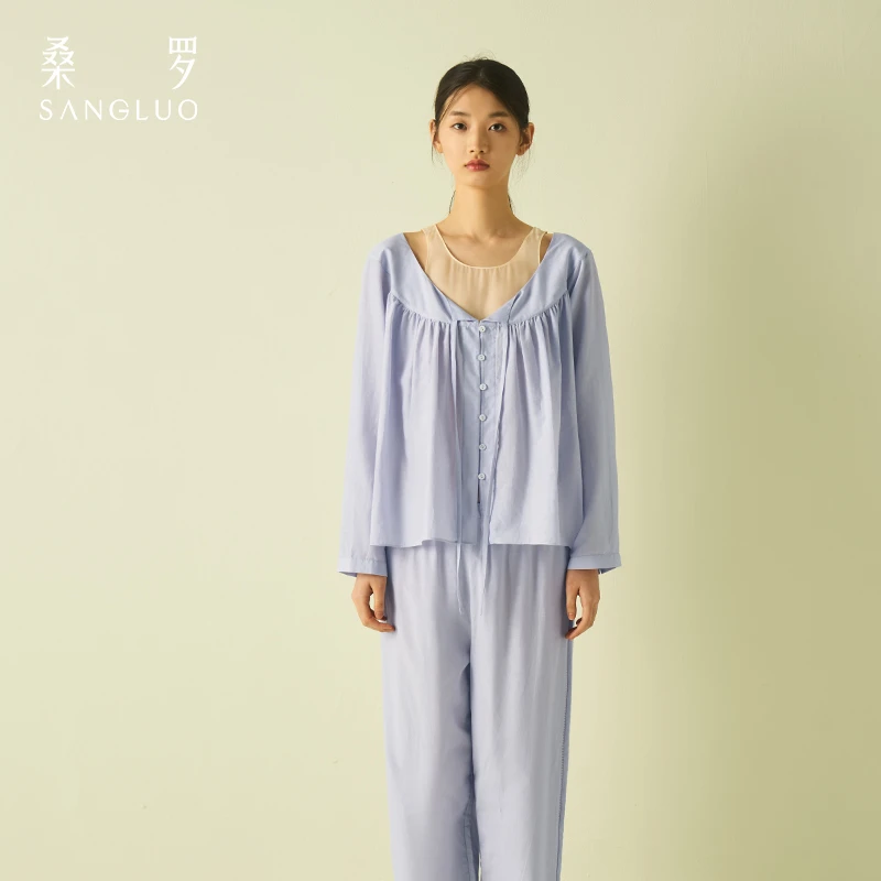 紫雾』桑罗丝棉撞色拼接领口假两件睡衣套装可外穿家居服03462813