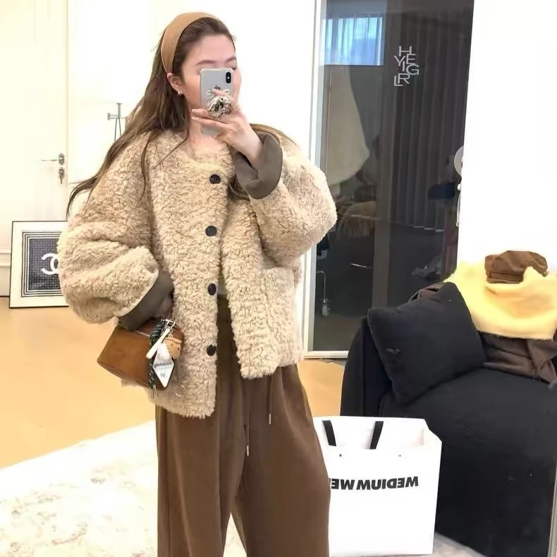 慵懒风环保羊羔绒外套女秋冬季短款宽松加厚皮毛一体休闲减龄上衣