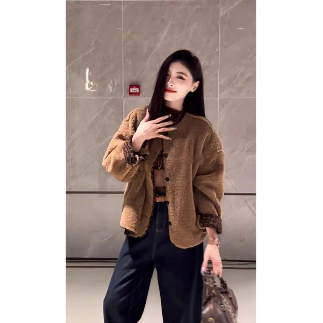 【现货+运费险】复古气质感豹纹皮毛一体外套女2024秋冬新款上衣