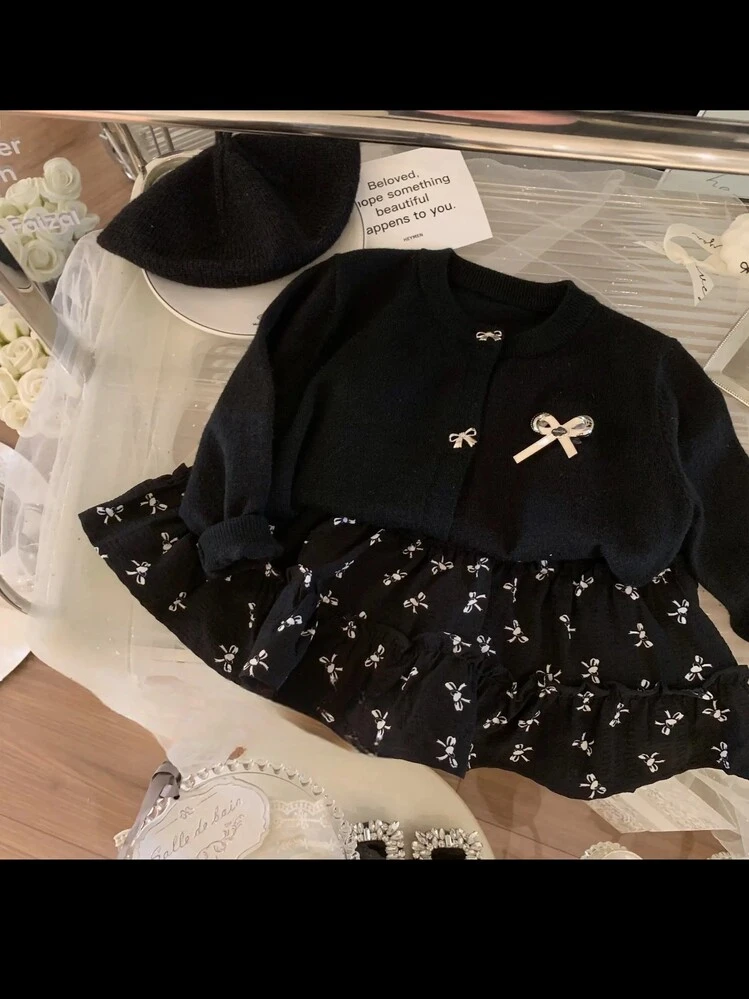 秋季裙子套装小香风女童洋气洋气两件套亲子装宝宝黑色女宝蕾丝