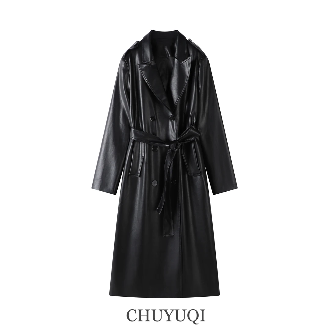 金鑫【皮衣战士】酷飒长款系带宽松直筒气质显瘦长款皮衣外套1879