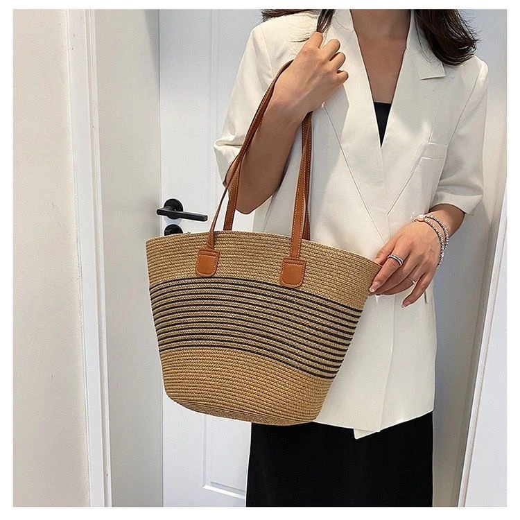 编织包草编包2024夏季新款通勤编制条纹单肩百搭时尚沙滩编织女包