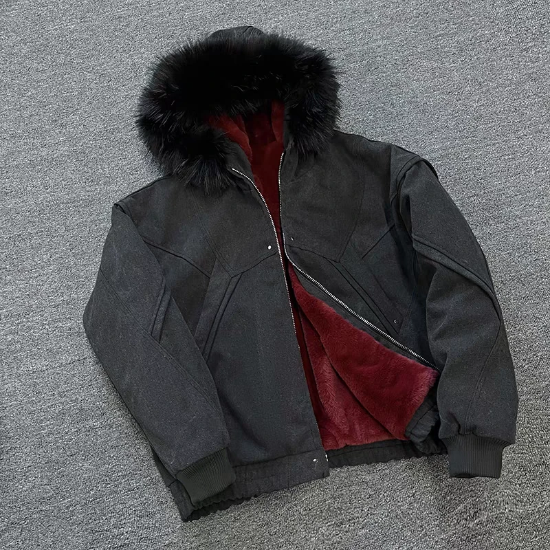 冬季座山雕二代加绒加厚潮牌外套男士高级感重磅帆布水洗棉服夹克