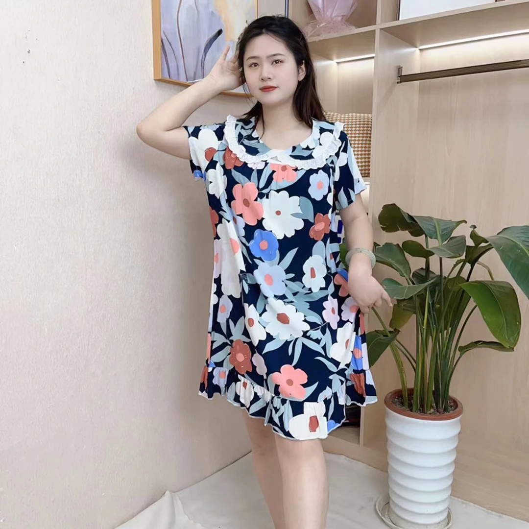 甜美减龄风娃娃领棉绸睡裙中长款可外穿家居服睡衣夏季短袖大码