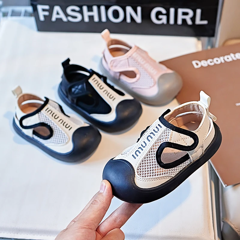 望舒家2024女童韩版网面小白鞋夏季包头凉鞋男童防滑沙滩鞋1691