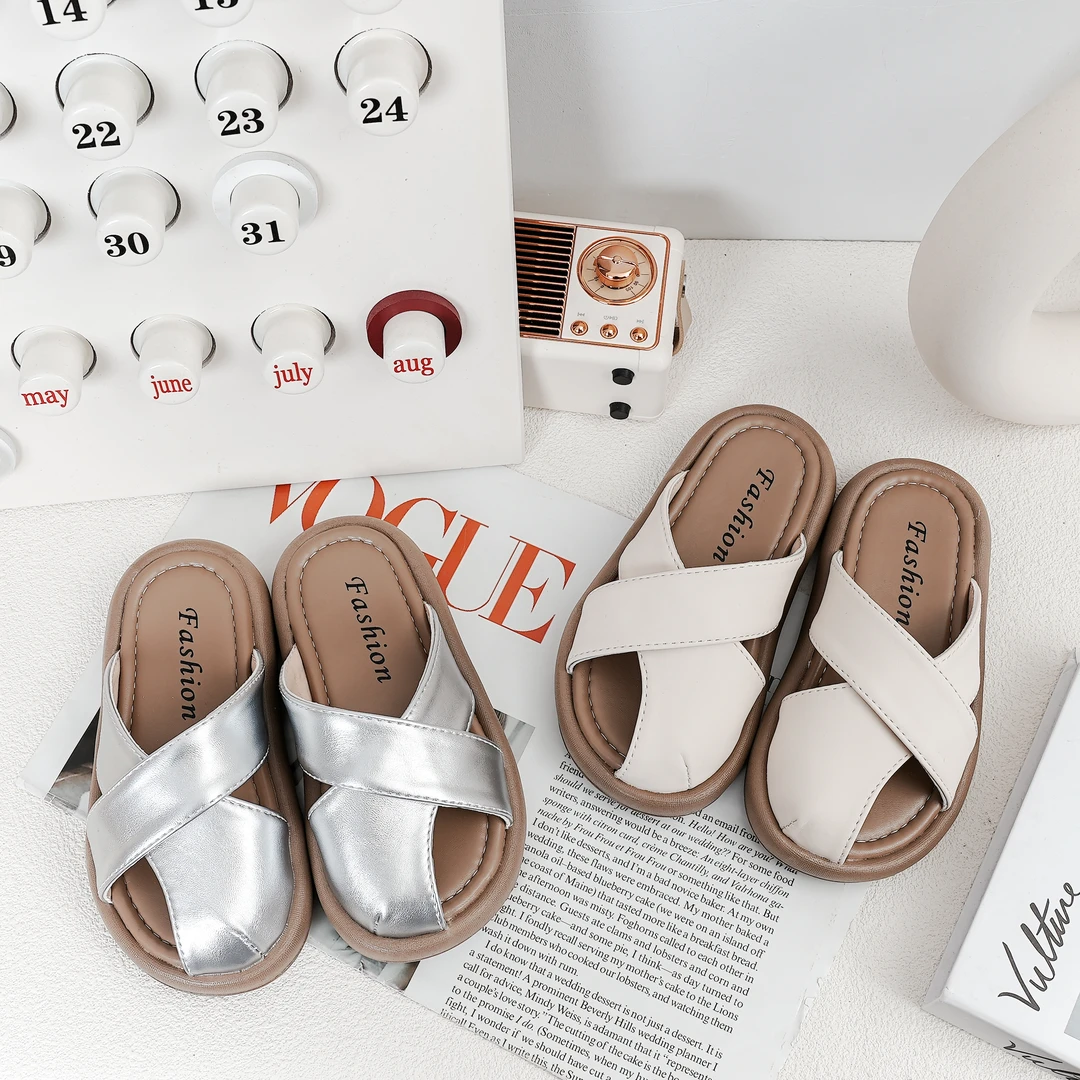 望舒家2024女童韩版交叉带拖鞋夏季外穿平底休闲百搭包头拖鞋