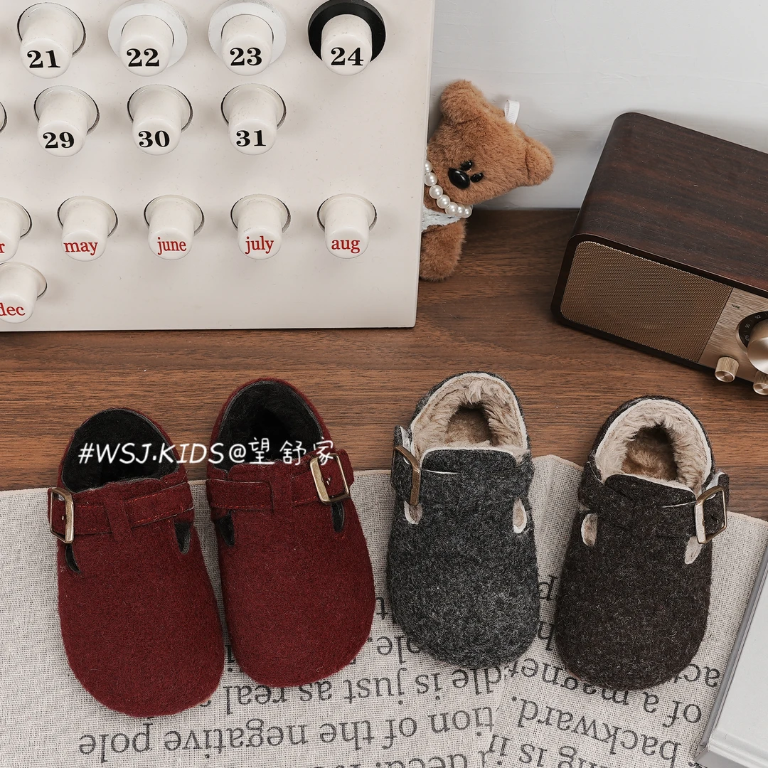 望舒家2024秋冬季韩版安可拉红勃肯鞋女童软底加绒保暖豆豆鞋088
