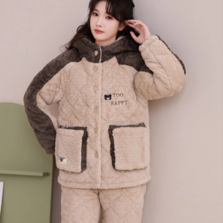 冬季三层夹棉加厚休闲连帽睡衣家居服套装