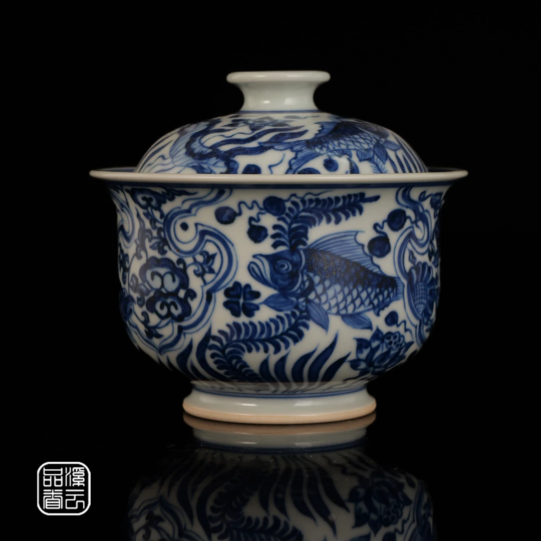 溪云品眷景德镇柴窑手工手绘青花如意鱼两才布袋盖碗盖杯泡茶碗