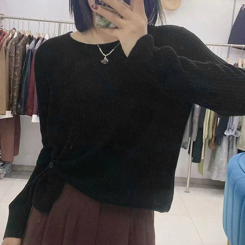 设计感 网红斜扣针织衫 秋冬时尚宽松显瘦长袖针织毛衣休闲上衣女
