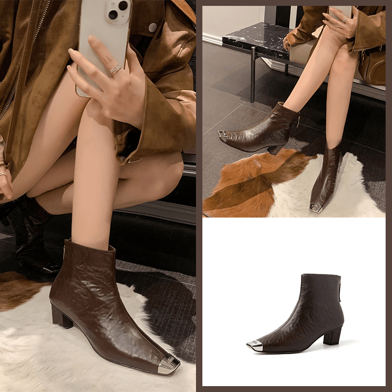 范戈希【跟高4】【里外全皮】方头复古真皮短靴女褶皱质感百搭女靴