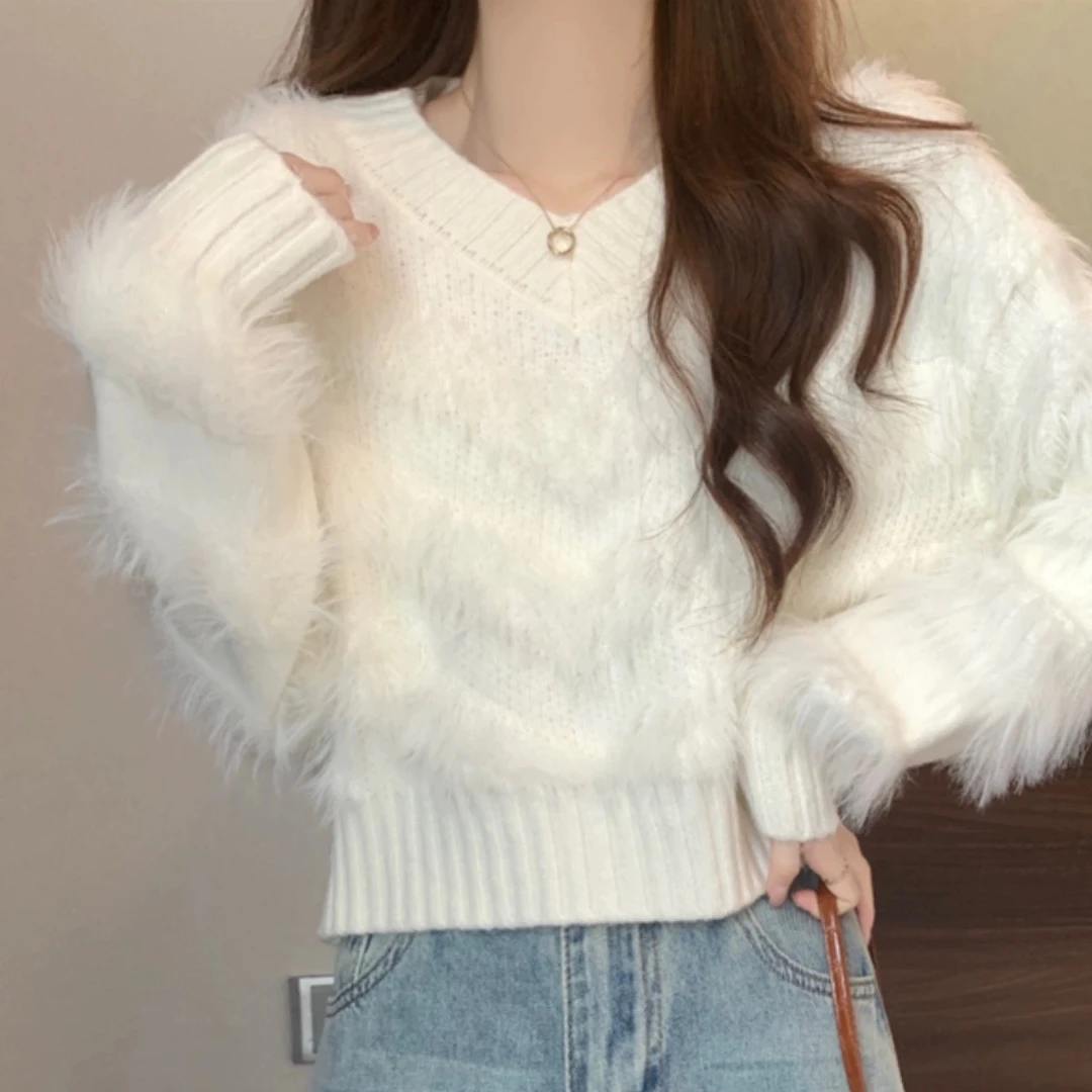 温柔风白色仿貂毛套头长袖针织衫洋气百搭慵懒风韩版设计感【16】