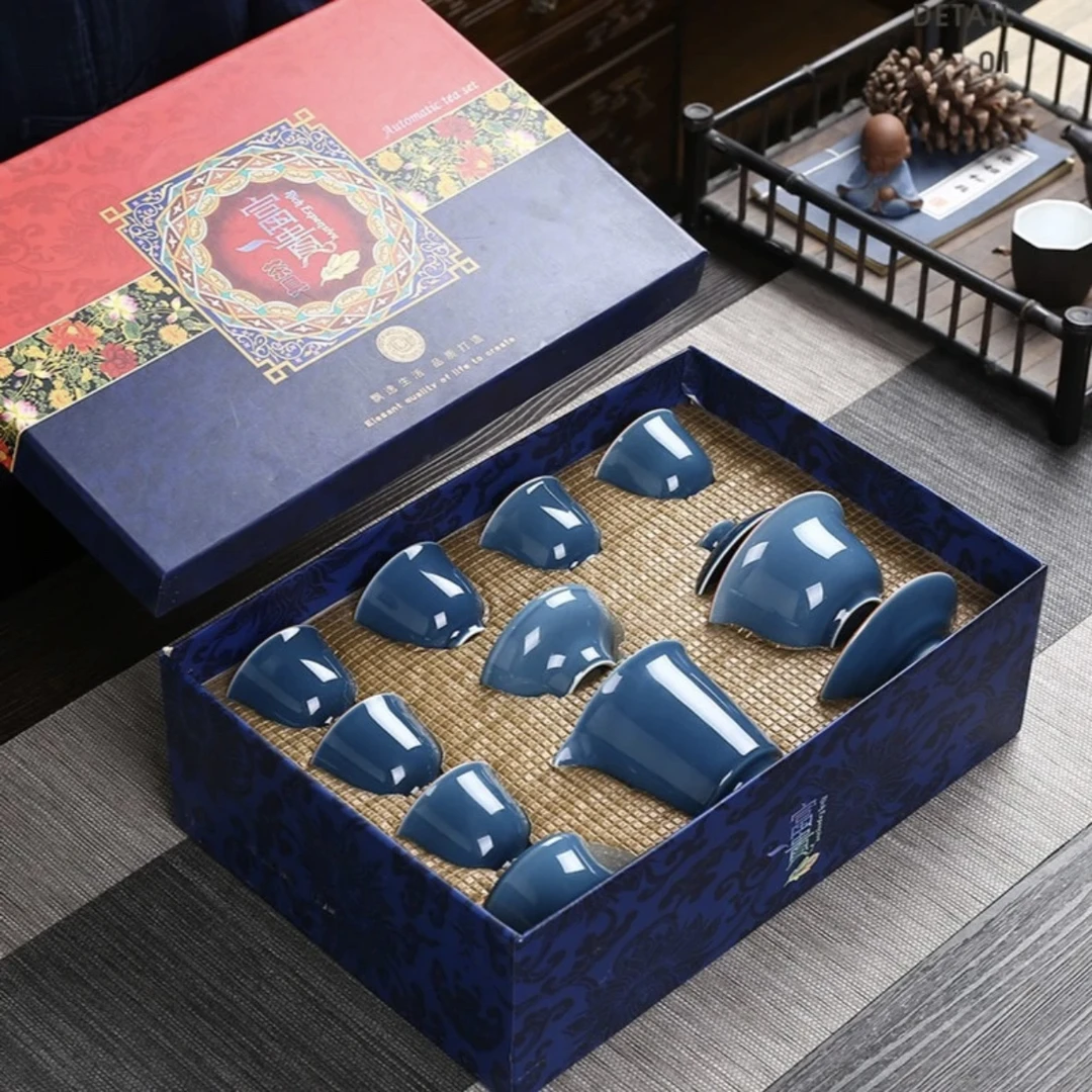 A-69(礼盒装)蓝青色陶瓷功夫茶具套装简约家用盖碗茶杯礼盒装
