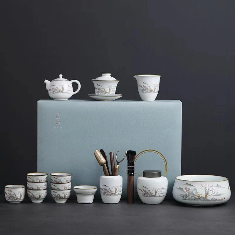 A-106(礼盒装)月白汝窑开片山水十六件套陶瓷功夫茶具套装