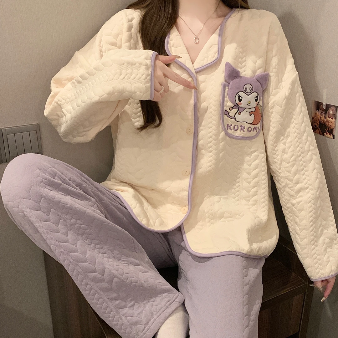 睡衣女春秋季空气棉夹层女士睡衣秋冬款宽松可爱韩版套装家居服