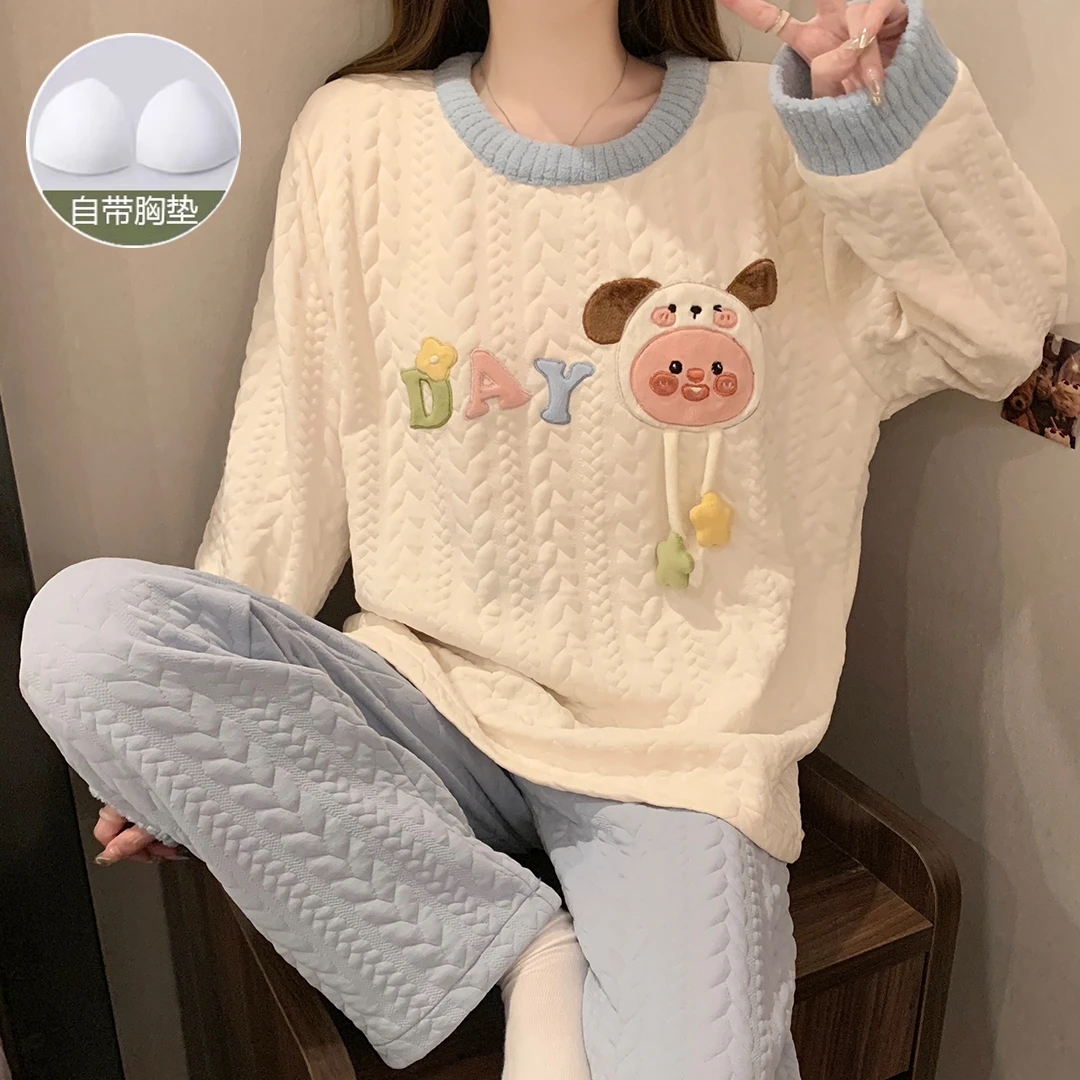 长袖睡衣女带胸垫春秋冬季空气棉夹层卡通休闲女士家居服套装