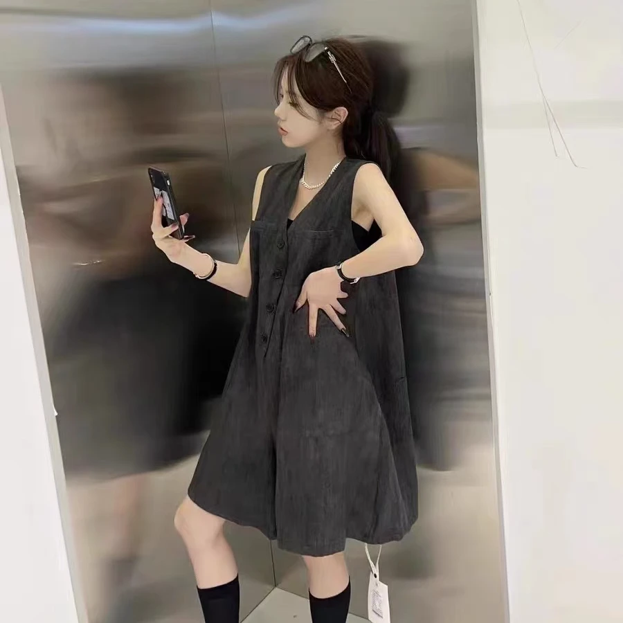 ZX113欧货气质v领连体短裤女夏季设计感减龄宽松显瘦阔腿连衣裤