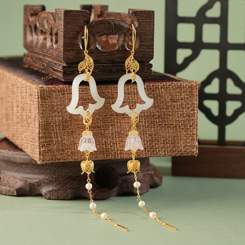 在忆925银【白兰】和田玉铃兰花耳环国风长款银耳饰