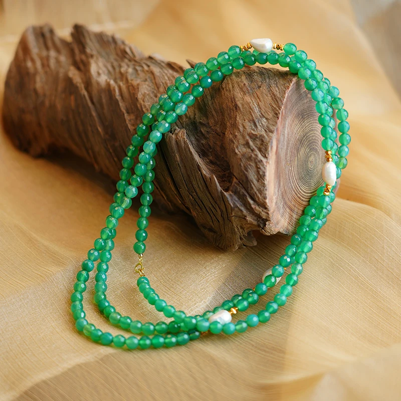 在忆 链子925银 多层绿珠斜跨链原创轻奢手工串珠斜跨链