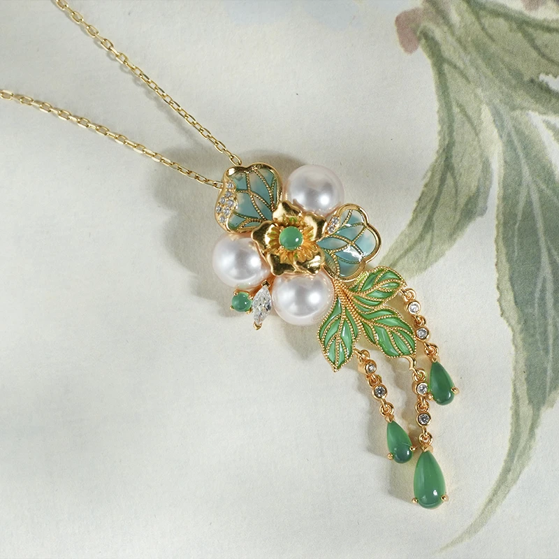 在忆 吊坠925银珐琅 国风透窗珐琅小花吊坠