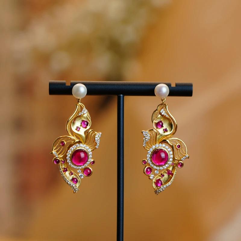 在忆 925银耳饰 手工重工古法兰花耳钉