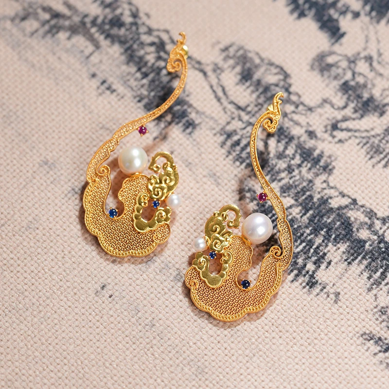 在忆925银【追云】花丝耳环宫廷风银镶珍珠银耳饰