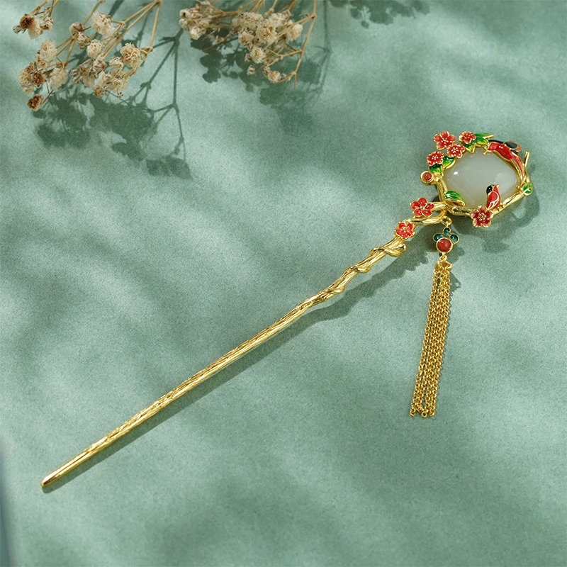 在忆喜上眉梢和田发簪珐琅彩和田玉发簪