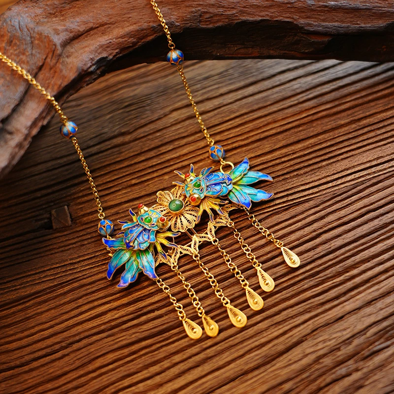 在忆 坠链均925银珐琅 花丝镂空金鱼项链