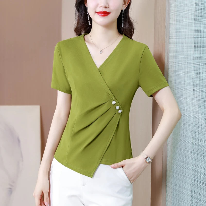 设计感T恤女短袖2024夏季新款不规则气质时髦v领小衫修身显瘦上衣