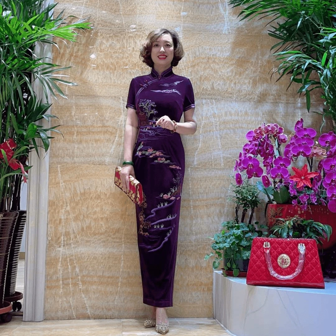 高山流水61331奢华旗袍紫色优雅气质修身显瘦丝绒面料复古长款