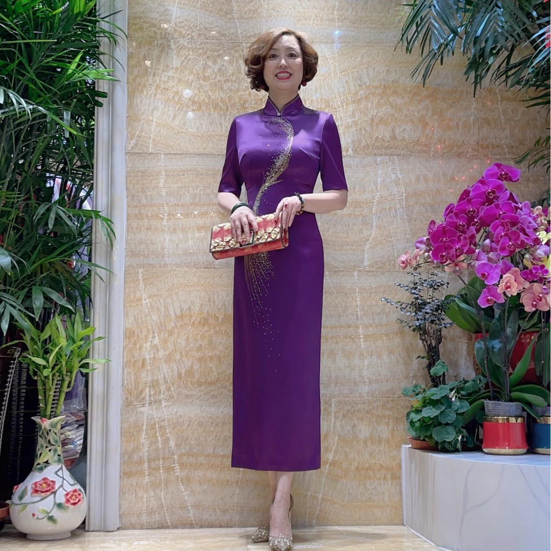 朱紫瑜17777添紫添福旗袍气质显瘦修身喜婆婆喜妈妈婚宴装紫色