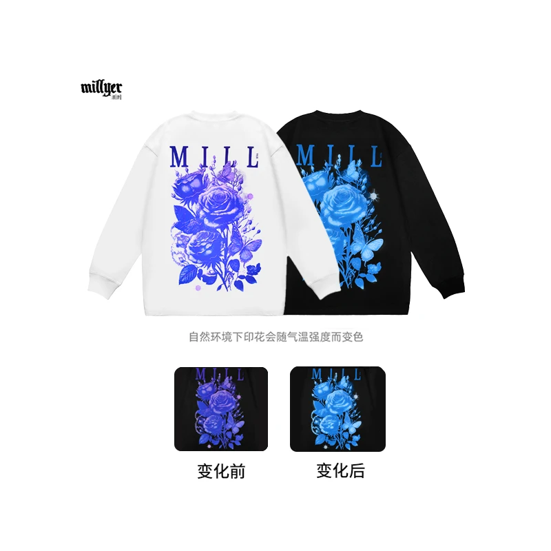 MILLYER重磅新款温变蝶园玫瑰纯棉长袖秋季潮流圆领男士百搭T恤