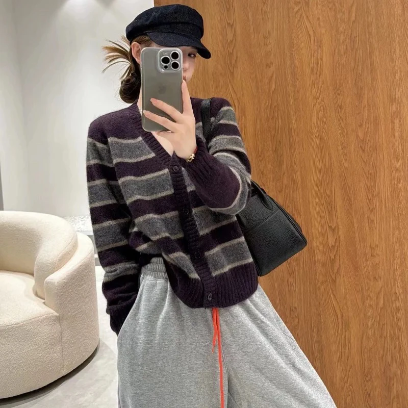 【贝希】V领条纹开衫