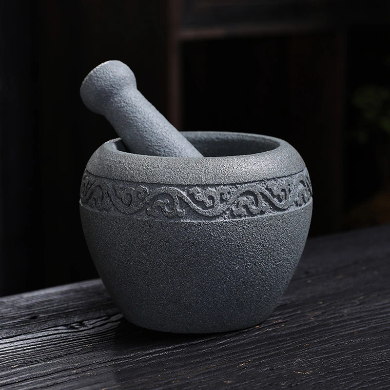 天然原石青石石臼捣蒜器捣药罐蒜臼子擂钵舂臼石窝石舂压蒜器手工