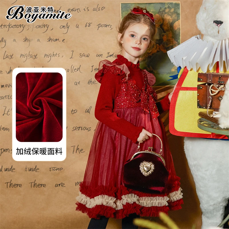 BOYAMITE/波亚米特女童加绒公主裙木耳边冬连衣裙红色毛衣裙23797
