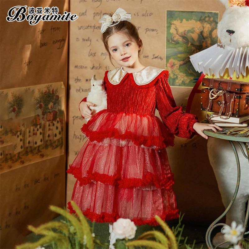 BOYAMITE/波亚米特女童红色新年公主裙连衣裙加绒礼服蛋糕裙23837