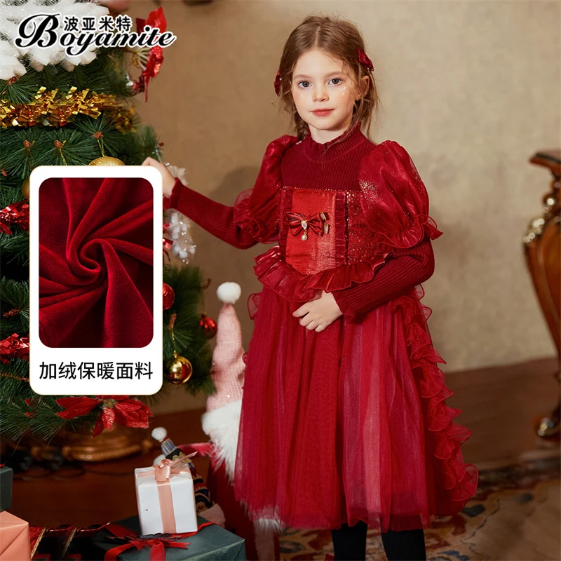 BOYAMITE/波亚米特女童加绒礼服公主裙连衣裙女秋冬红色裙子23793