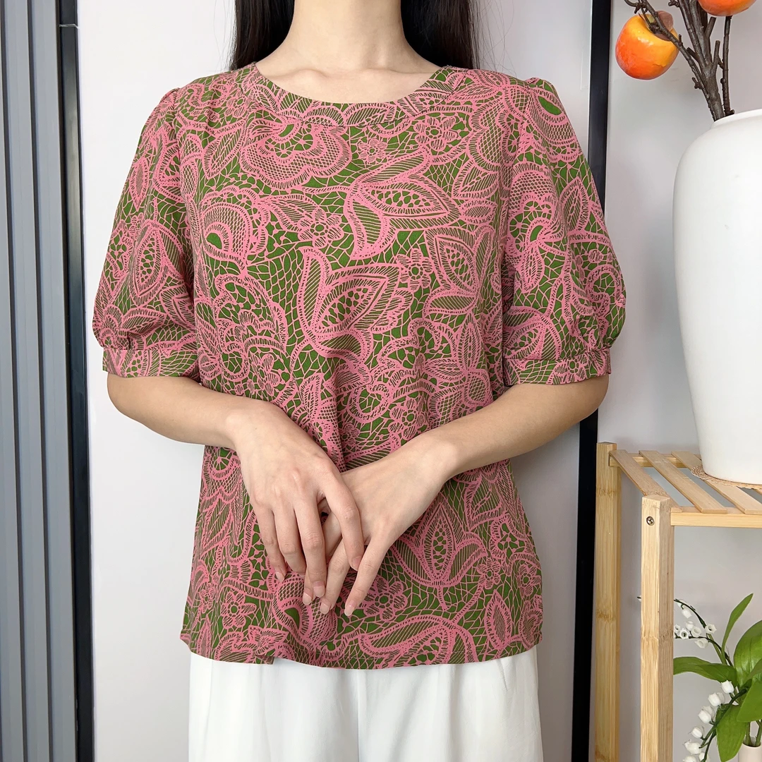【玫红色大花】女士短袖百搭上衣时尚半袖圆领减龄款