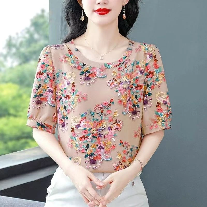 Y1086{七彩凤尾花短袖}显瘦短袖上衣百搭圆领妈妈装宽松花色