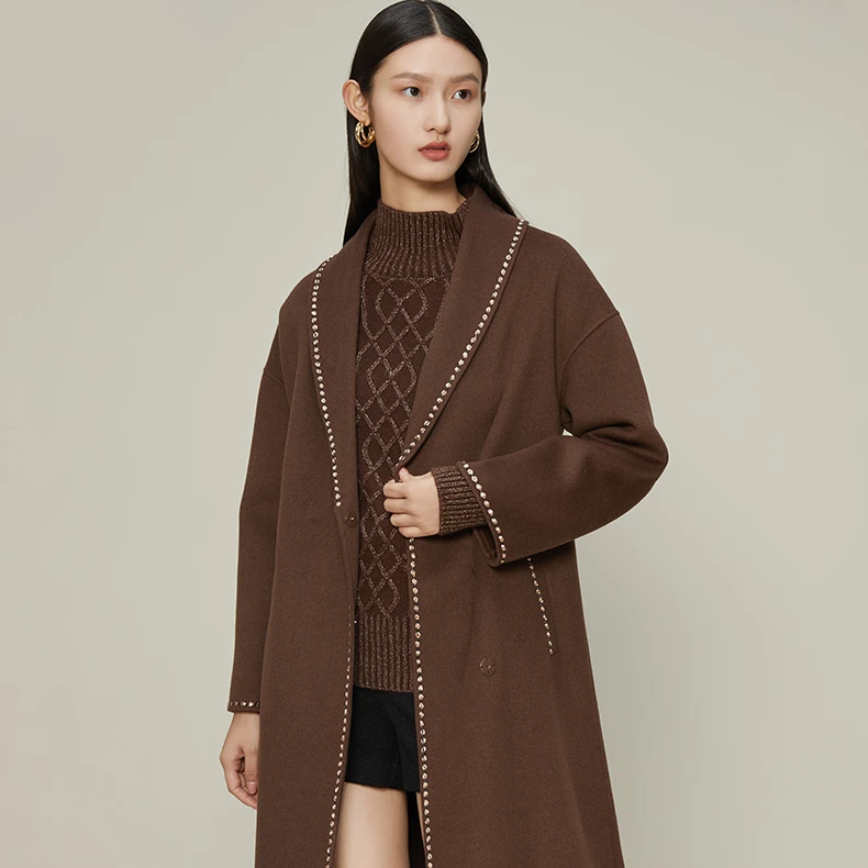 【曼德诗】M431886纯色长款新款修身翻领上衣带收腰外套