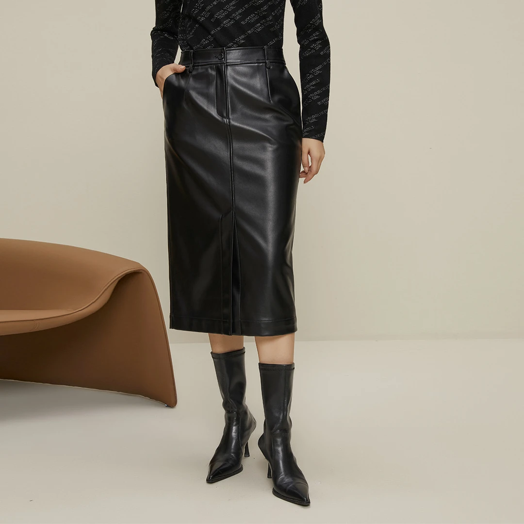 【诗语专属】曼德诗M230678设计感高腰半身裙皮裙中长款开叉裙