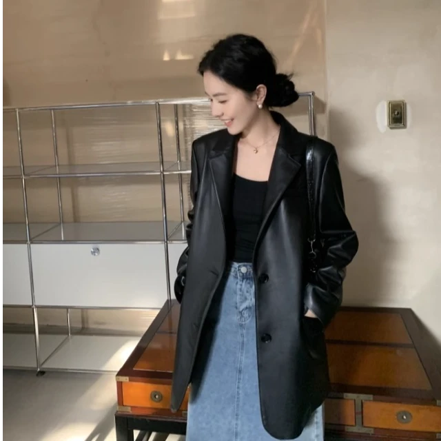 秋冬黑色皮衣外套女西装外套酷飒复古皮夹克女款穿搭宽松廓形