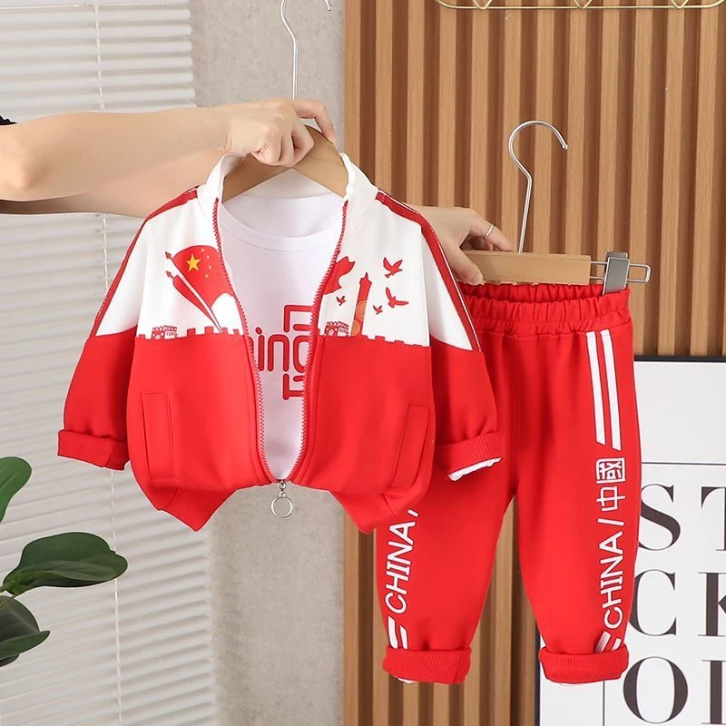 中国红运动套装男女春秋款跑步休闲中小童运动服外穿游玩三件套装