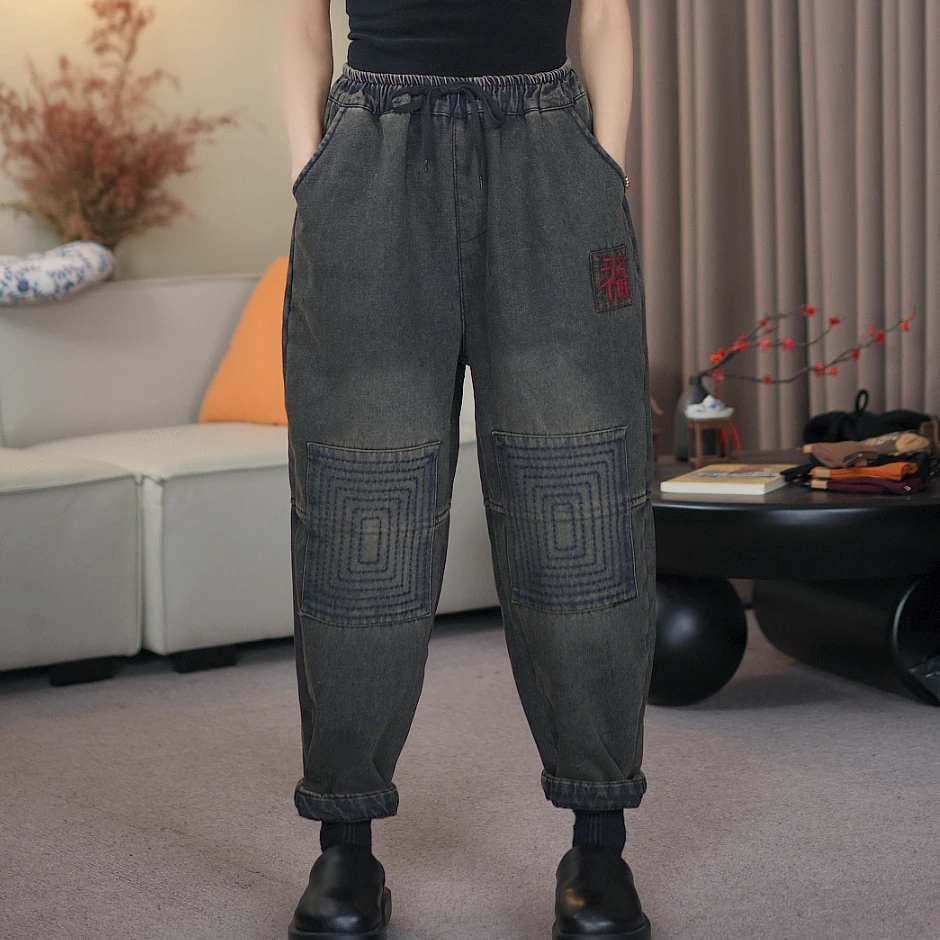 贴布牛仔加绒裤子K1226